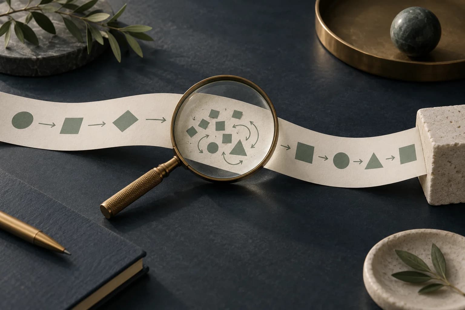 Concept illustration of a magnifying lens examining one step in a paper workflow