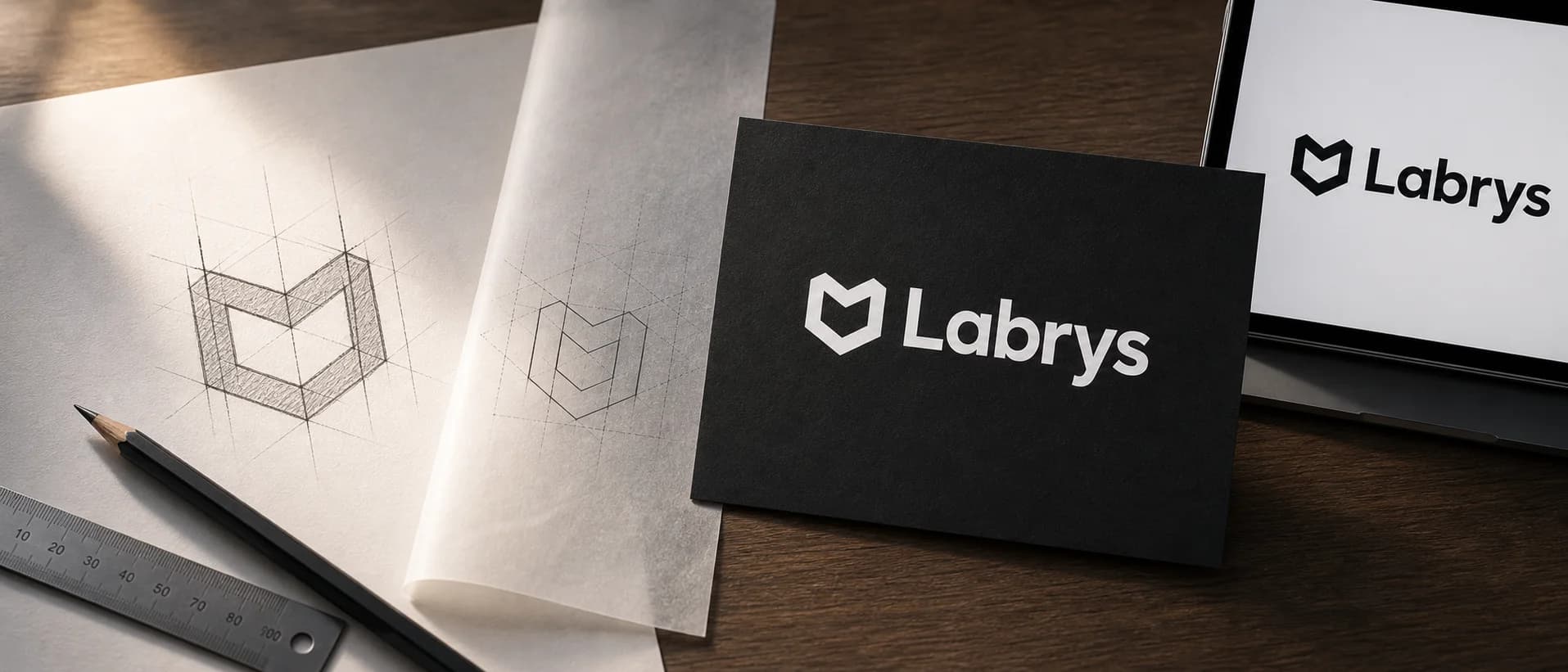 Sketches of the refreshed Labrys mark beside the finished logo