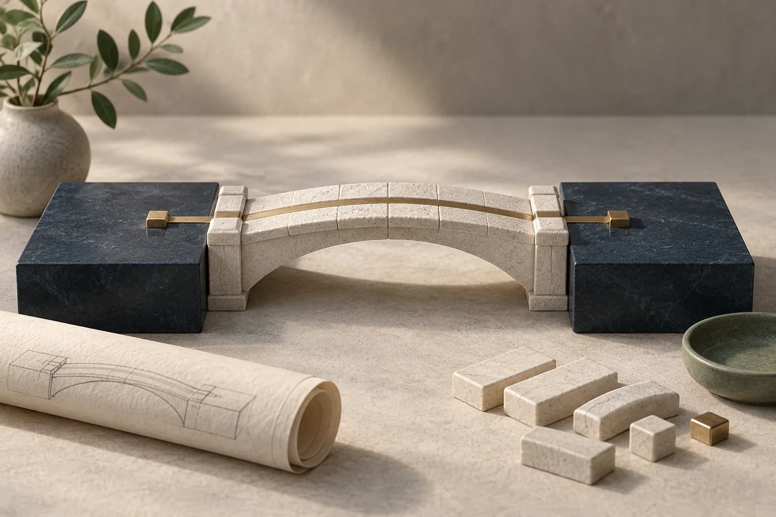 Concept illustration of a complete small bridge beside sketches and unused parts