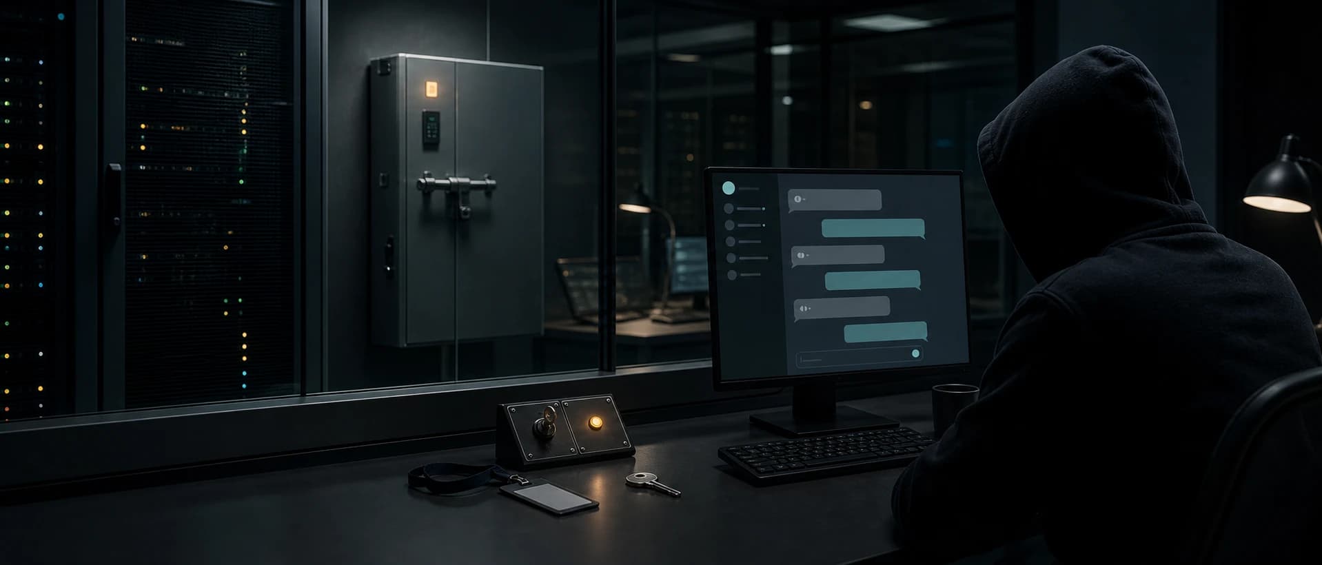A hooded figure chatting with a support assistant beside a locked server cabinet